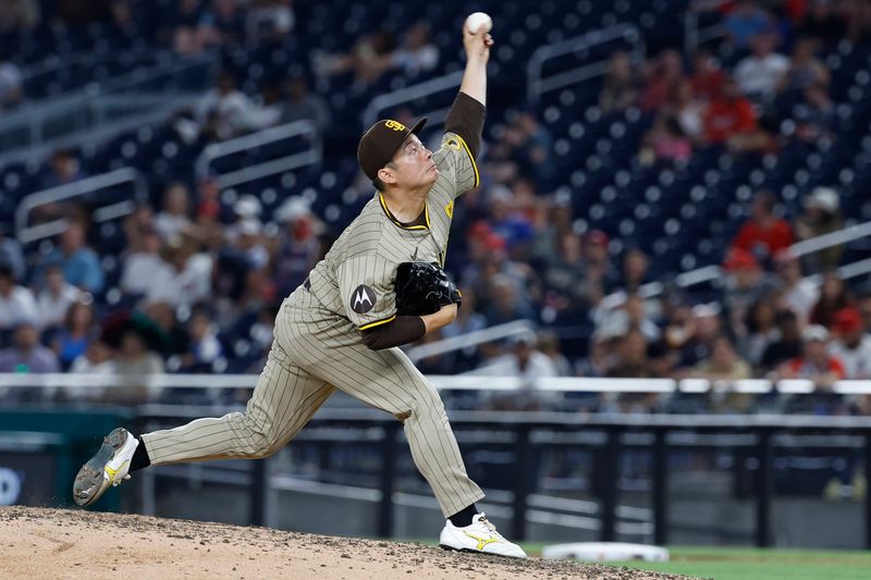 Jul 24, 2024; Washington, District of Columbia, USA; San Diego Padres relief pitcher Yuki Matsui (1) pitches against the Washington Nationals during the seventh inning at Nationals Park. Mandatory Credit: Geoff Burke-USA TODAY Sports