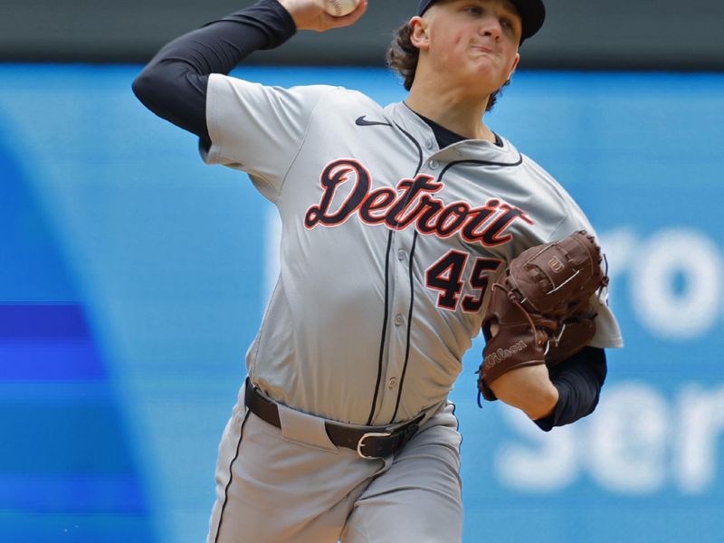 Apr 20, 2024; Minneapolis, Minnesota, USA; Detroit Tigers starting pitcher Reese Olson (45) throws to the Minnesota Twins in the first inning at Target Field. Mandatory Credit: Bruce Kluckhohn-USA TODAY Sports