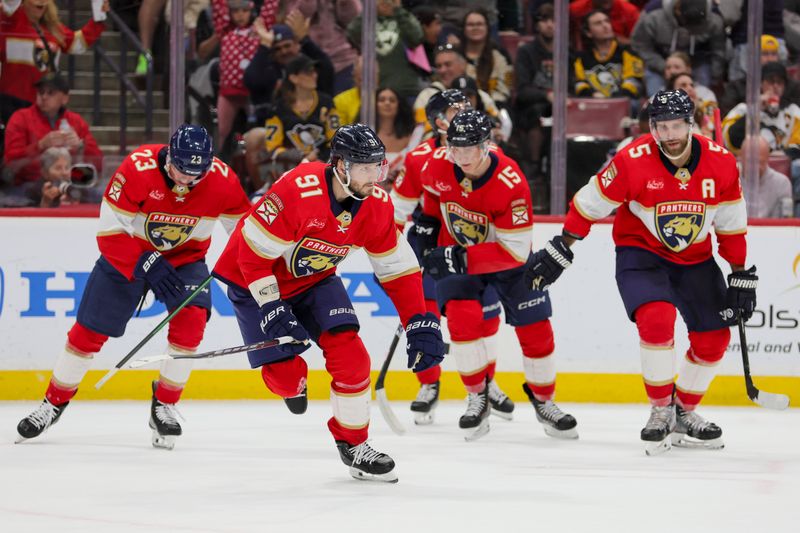 Dec 8, 2023; Sunrise, Florida, USA; Florida Panthers defenseman Oliver Ekman-Larsson (91) looks on after scoring against the Pittsburgh Penguins during the second period at Amerant Bank Arena. Mandatory Credit: Sam Navarro-USA TODAY Sports