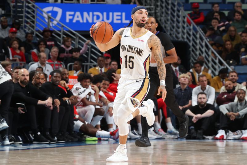 NEW ORLEANS, LA - FEBRUARY 22: Jose Alvarado #15 of the New Orleans Pelicans dribbles the ball during the game against the Houston Rockets on February 22, 2024 at the Smoothie King Center in New Orleans, Louisiana. NOTE TO USER: User expressly acknowledges and agrees that, by downloading and or using this Photograph, user is consenting to the terms and conditions of the Getty Images License Agreement. Mandatory Copyright Notice: Copyright 2024 NBAE (Photo by Layne Murdoch Jr./NBAE via Getty Images)