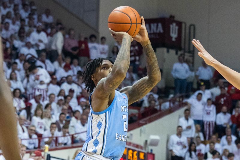 Nov 30, 2022; Bloomington, Indiana, USA; North Carolina Tar Heels guard Caleb Love (2) shoots the ball  in the second half against the Indiana Hoosiers at Simon Skjodt Assembly Hall. Mandatory Credit: Trevor Ruszkowski-USA TODAY Sports