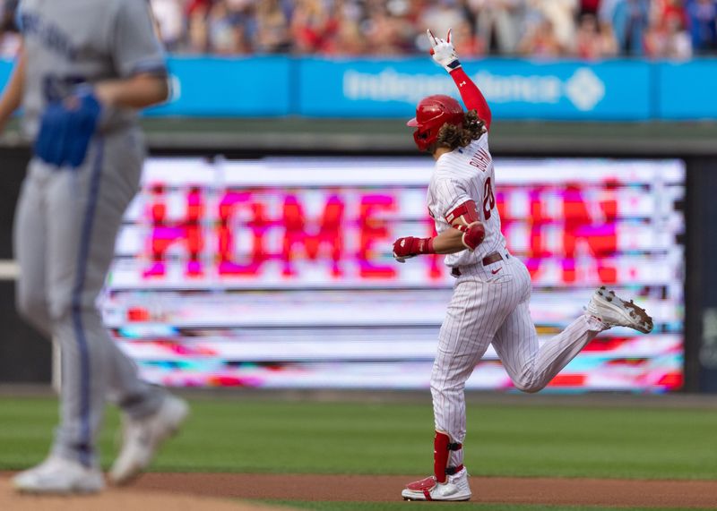 Aug 5, 2023; Philadelphia, Pennsylvania, USA; Philadelphia Phillies first baseman Alec Bohm (28) runs the bases after hitting a two RBI home run during the first inning against the Kansas City Royals at Citizens Bank Park. Mandatory Credit: Bill Streicher-USA TODAY Sports