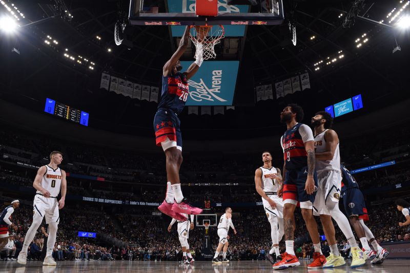 DENVER, CO - MARCH 15: Alexandre Sarr #20 of the Washington Wizards dunks the ball during the game against the Denver Nuggets on March 15, 2025 at Ball Arena in Denver, Colorado. NOTE TO USER: User expressly acknowledges and agrees that, by downloading and/or using this Photograph, user is consenting to the terms and conditions of the Getty Images License Agreement. Mandatory Copyright Notice: Copyright 2025 NBAE (Photo by Garrett Ellwood/NBAE via Getty Images)