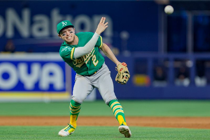 Jun 4, 2023; Miami, Florida, USA; Oakland Athletics shortstop Nick Allen (2) throws to first for an out against the Miami Marlins during the eighth inning at loanDepot Park. Mandatory Credit: Sam Navarro-USA TODAY Sports