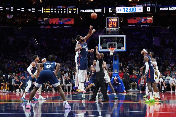 PHILADELPHIA, PA - NOVEMBER 14: The opening tip off during the game between the Philadelphia 76ers and the Indiana Pacers during the In-Season Tournament on November 14, 2023 at the Wells Fargo Center in Philadelphia, Pennsylvania NOTE TO USER: User expressly acknowledges and agrees that, by downloading and/or using this Photograph, user is consenting to the terms and conditions of the Getty Images License Agreement. Mandatory Copyright Notice: Copyright 2023 NBAE (Photo by Jesse D. Garrabrant/NBAE via Getty Images)