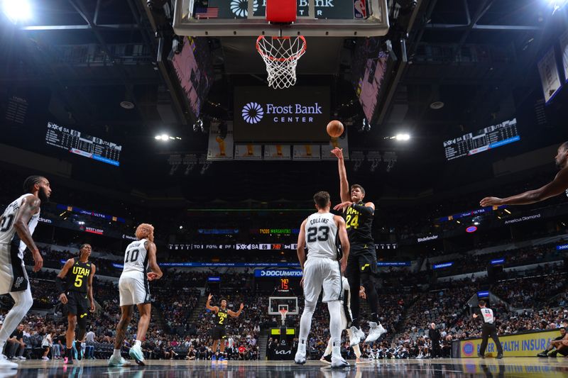 SAN ANTONIO, TX - OCTOBER 12: Walker Kessler #24 of the Utah Jazz shoots the ball during the game against the San Antonio Spurs during a NBA pre season game on October 12, 2024 at the Frost Bank Center in San Antonio, Texas. NOTE TO USER: User expressly acknowledges and agrees that, by downloading and or using this photograph, user is consenting to the terms and conditions of the Getty Images License Agreement. Mandatory Copyright Notice: Copyright 2024 NBAE (Photos by Michael Gonzales/NBAE via Getty Images)