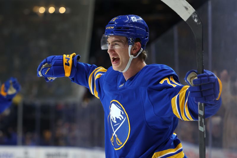 Oct 22, 2024; Buffalo, New York, USA;  Buffalo Sabres center Ryan McLeod (71) reacts after scoring a goal during the second period against the Dallas Stars at KeyBank Center. Mandatory Credit: Timothy T. Ludwig-Imagn Images