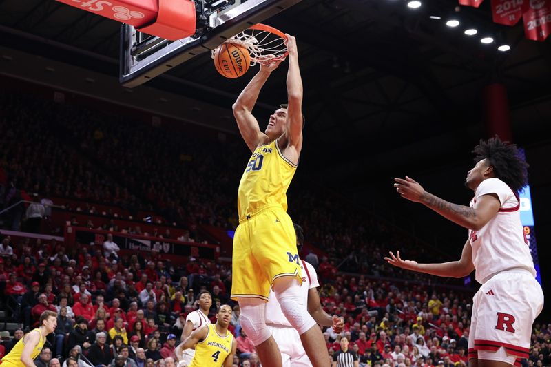 Feb 1, 2025; Piscataway, New Jersey, USA; Michigan Wolverines center Vladislav Goldin (50) dunks the ball during the first half against the Rutgers Scarlet Knights at Jersey Mike's Arena. Mandatory Credit: Vincent Carchietta-Imagn Images