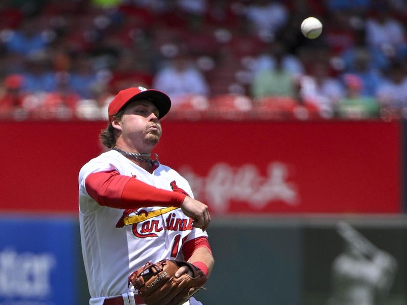 Jun 14, 2023; St. Louis, Missouri, USA;  St. Louis Cardinals third baseman Nolan Gorman (16) throws on the run against the San Francisco Giants during the fifth inning at Busch Stadium. Mandatory Credit: Jeff Curry-USA TODAY Sports