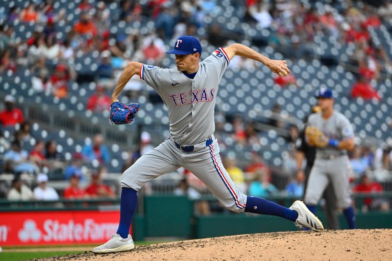 Jun 8, 2025; Washington, District of Columbia, USA; Texas Rangers relief pitcher Hoby Milner (41) throws to the Washington Nationals during the sixth inning at Nationals Park. Mandatory Credit: Brad Mills-Imagn Images