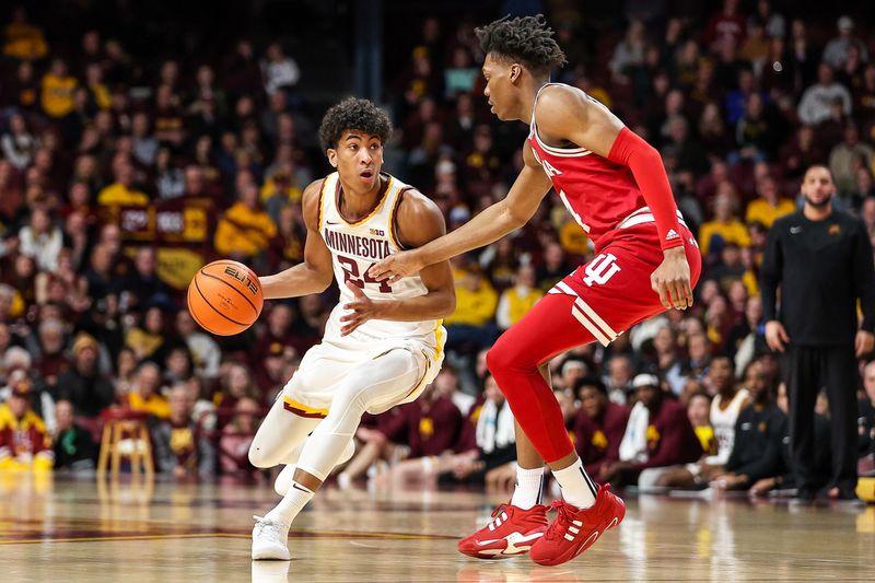 Mar 6, 2024; Minneapolis, Minnesota, USA; Minnesota Golden Gophers guard Cam Christie (24) works around Indiana Hoosiers forward Anthony Walker (4) during the first half at Williams Arena. Mandatory Credit: Matt Krohn-USA TODAY Sports
