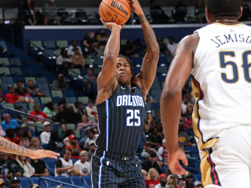 NEW ORLEANS, LA - OCTOBER 10: Admiral Schofield #25 of the Orlando Magic shoots a three point basket against the New Orleans Pelicans on October 10, 2023 at the Smoothie King Center in New Orleans, Louisiana. NOTE TO USER: User expressly acknowledges and agrees that, by downloading and or using this Photograph, user is consenting to the terms and conditions of the Getty Images License Agreement. Mandatory Copyright Notice: Copyright 2023 NBAE (Photo by Layne Murdoch Jr./NBAE via Getty Images)