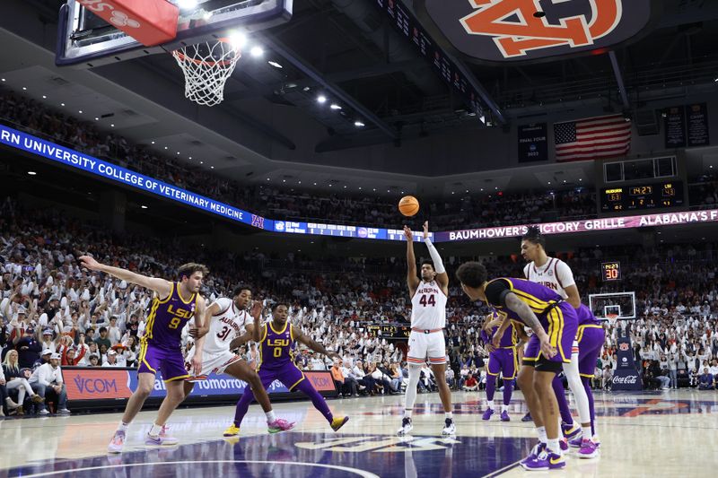 Jan 13, 2024; Auburn, Alabama, USA; Auburn Tigers center Dylan Cardwell (44) attempts a free throw against the LSU Tigers during the second half at Neville Arena. Mandatory Credit: John Reed-USA TODAY Sports