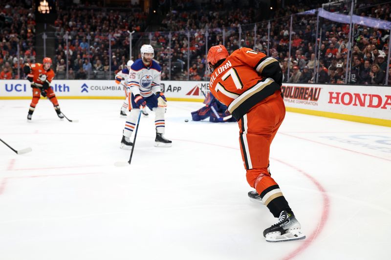 Feb 25, 2026; Anaheim, California, USA;  Anaheim Ducks left wing Alex Killorn (17)shoots the puck during the second period against the Edmonton Oilers at Honda Center. Mandatory Credit: Kiyoshi Mio-Imagn Images