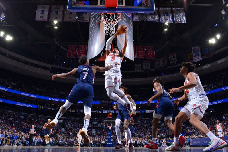 PHILADELPHIA, PA - FEBRUARY 22: Josh Hart #3 of the New York Knicks drives to the basket during the game against the Philadelphia 76ers on February 22, 2024 at the Wells Fargo Center in Philadelphia, Pennsylvania NOTE TO USER: User expressly acknowledges and agrees that, by downloading and/or using this Photograph, user is consenting to the terms and conditions of the Getty Images License Agreement. Mandatory Copyright Notice: Copyright 2024 NBAE (Photo by Jesse D. Garrabrant/NBAE via Getty Images)