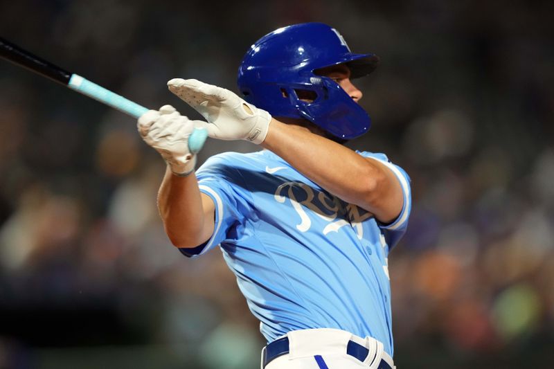 Mar 5, 2024; Surprise, Arizona, USA; Kansas City Royals left fielder John Rave (96) bats against the Chicago Cubs during the third inning at Surprise Stadium. Mandatory Credit: Joe Camporeale-USA TODAY Sports