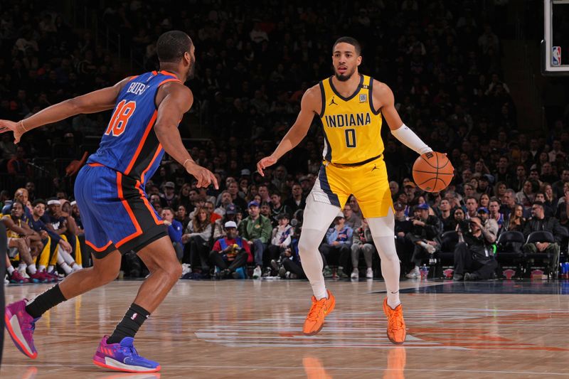 NEW YORK, NY - FEBRUARY 10: Tyrese Haliburton #0 of the Indiana Pacers dribbles the ball during the game against the New York Knicks on February 10, 2024 at Madison Square Garden in New York City, New York.  NOTE TO USER: User expressly acknowledges and agrees that, by downloading and or using this photograph, User is consenting to the terms and conditions of the Getty Images License Agreement. Mandatory Copyright Notice: Copyright 2024 NBAE  (Photo by Jesse D. Garrabrant/NBAE via Getty Images)