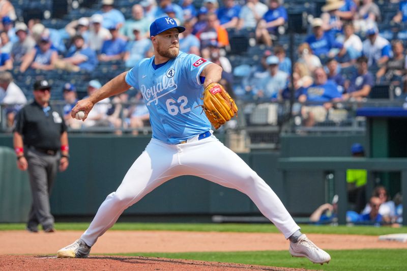 Jun 1, 2025; Kansas City, Missouri, USA; Kansas City Royals relief pitcher Jonathan Bowlan (62) delivers a pitch against the Detroit Tigers in the eighth inning at Kauffman Stadium. Mandatory Credit: Denny Medley-Imagn Images