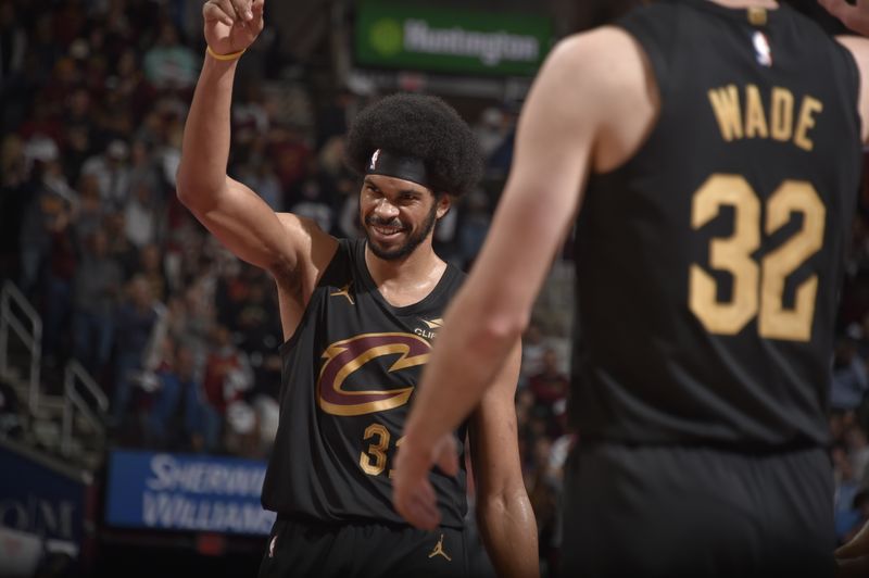 CLEVELAND, OH - November 15: Jarrett Allen #31 of the Cleveland Cavaliers smiles during the game against the Chicago Bulls during the Emirates NBA Cup game on November 15, 2024 at Rocket Mortgage FieldHouse in Cleveland, Ohio. NOTE TO USER: User expressly acknowledges and agrees that, by downloading and/or using this Photograph, user is consenting to the terms and conditions of the Getty Images License Agreement. Mandatory Copyright Notice: Copyright 2024 NBAE (Photo by David Liam Kyle/NBAE via Getty Images)