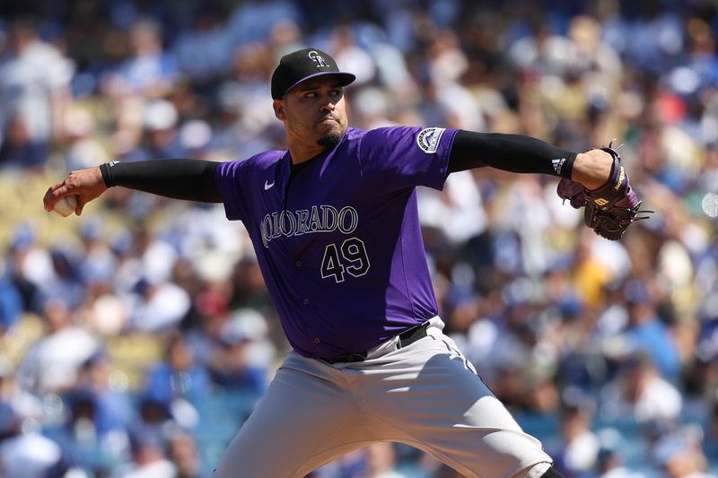 Sep 22, 2024; Los Angeles, California, USA;  Colorado Rockies starting pitcher Antonio Senzatela (49) pitches during the second inning against the Los Angeles Dodgers at Dodger Stadium. Mandatory Credit: Kiyoshi Mio-Imagn Images