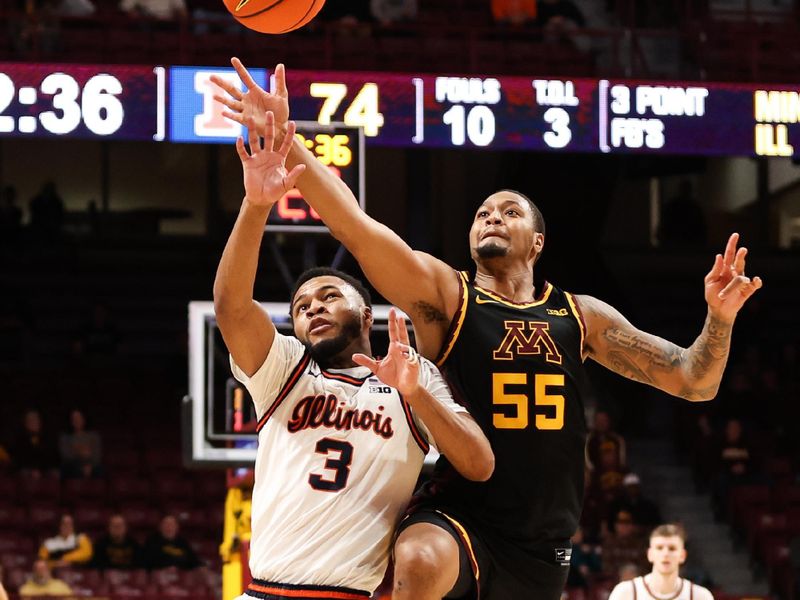 Jan 16, 2023; Minneapolis, Minnesota, USA; Minnesota Golden Gophers guard Ta'lon Cooper (55) and Illinois Fighting Illini guard Jayden Epps (3) go for the ball during the second half at Williams Arena. Mandatory Credit: Matt Krohn-USA TODAY Sports