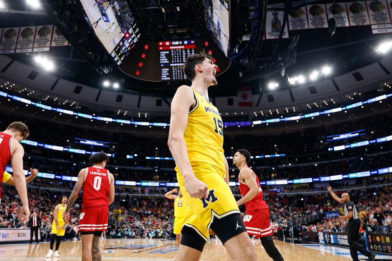 Mar 14, 2026; Chicago, IL, USA; Michigan Wolverines center Aday Mara (15) celebrates after scoring against the Michigan Wolverines during the second half at United Center. Mandatory Credit: Kamil Krzaczynski-Imagn Images Mar 14, 2026; Chicago, IL, USA; Michigan Wolverines center Aday Mara (15) celebrates after scoring against the Michigan Wolverines during the second half at United Center. Mandatory Credit: Kamil Krzaczynski-Imagn Images