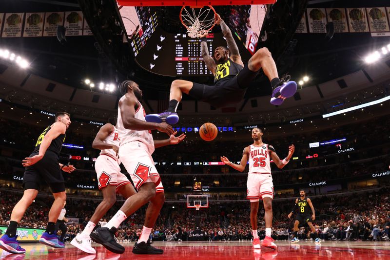 CHICAGO, ILLINOIS - NOVEMBER 04: John Collins #20 of the Utah Jazz dunks the ball against the Chicago Bulls during the second half at the United Center on November 04, 2024 in Chicago, Illinois. NOTE TO USER: User expressly acknowledges and agrees that, by downloading and or using this photograph, User is consenting to the terms and conditions of the Getty Images License Agreement.  (Photo by Michael Reaves/Getty Images)