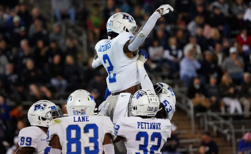 Oct 22, 2021; East Hartford, Connecticut, USA; Middle Tennessee Blue Raiders wide receiver Izaiah Gathings (2) celebrates after scoring against the Connecticut Huskies in the first half at Rentschler Field at Pratt & Whitney Stadium. Mandatory Credit: David Butler II-USA TODAY Sports