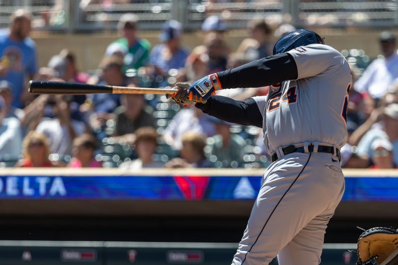 Aug 16, 2023; Minneapolis, Minnesota, USA; Detroit Tigers designated hitter Miguel Cabrera (24) hits a double against the Minnesota Twins in the second inning at Target Field. Mandatory Credit: Jesse Johnson-USA TODAY Sports