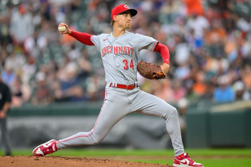 Jun 28, 2023; Baltimore, Maryland, USA; Cincinnati Reds starting pitcher Luke Weaver (34) throws a pitch during the first inning against the Baltimore Orioles at Oriole Park at Camden Yards. Mandatory Credit: Reggie Hildred-USA TODAY Sports