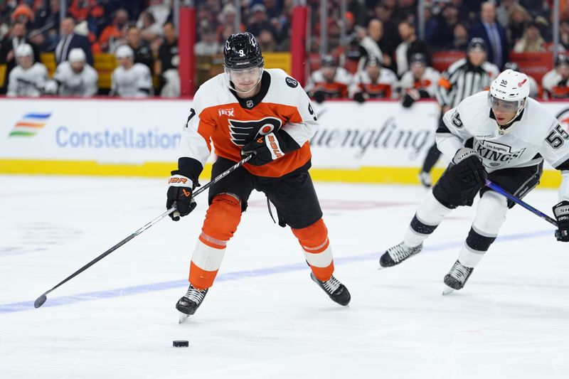 Jan 31, 2026; Philadelphia, Pennsylvania, USA; Philadelphia Flyers defenseman Jamie Drysdale (9) controls the puck against the Los Angeles Kings in the second period at Xfinity Mobile Arena. Mandatory Credit: Kyle Ross-Imagn Images