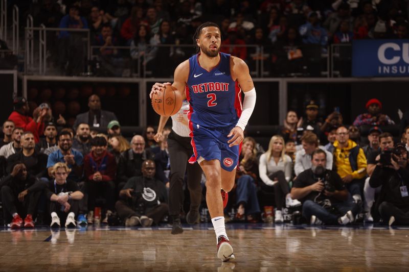 DETROIT, MI - OCTOBER 26: Cade Cunningham #2 of the Detroit Pistons dribbles the ball during the game against the Boston Celtics during a regular season game on October 26, 2024 at Little Caesars Arena in Detroit, Michigan. NOTE TO USER: User expressly acknowledges and agrees that, by downloading and/or using this photograph, User is consenting to the terms and conditions of the Getty Images License Agreement. Mandatory Copyright Notice: Copyright 2024 NBAE (Photo by Brian Sevald/NBAE via Getty Images)