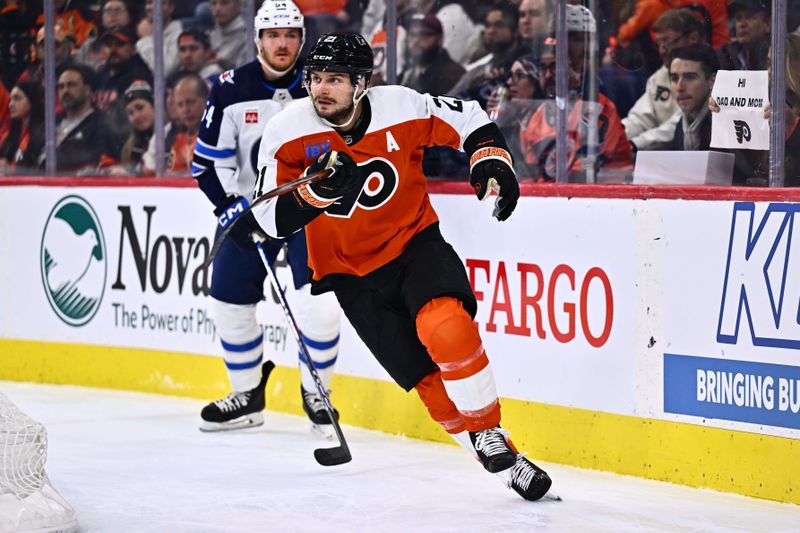 Feb 8, 2024; Philadelphia, Pennsylvania, USA; Philadelphia Flyers center Scott Laughton (21) in action against the Winnipeg Jets in the third period at Wells Fargo Center. Mandatory Credit: Kyle Ross-USA TODAY Sports