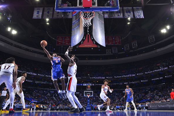 PHILADELPHIA, PA - OCTOBER 29: Tyrese Maxey #0 of the Philadelphia 76ers drives to the basket during the game against the Portland Trail Blazers on October 29, 2023 at the Wells Fargo Center in Philadelphia, Pennsylvania NOTE TO USER: User expressly acknowledges and agrees that, by downloading and/or using this Photograph, user is consenting to the terms and conditions of the Getty Images License Agreement. Mandatory Copyright Notice: Copyright 2023 NBAE (Photo by Jesse D. Garrabrant/NBAE via Getty Images)