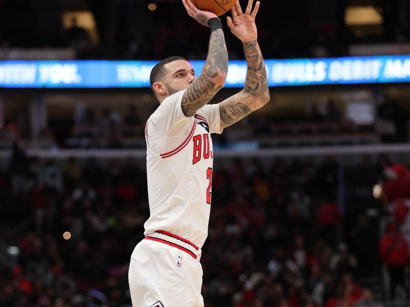 CHICAGO, ILLINOIS - DECEMBER 08: Lonzo Ball #2 of the Chicago Bulls shoots a three pointer against the Philadelphia 76ers during the second half at the United Center on December 08, 2024 in Chicago, Illinois. NOTE TO USER: User expressly acknowledges and agrees that, by downloading and or using this photograph, User is consenting to the terms and conditions of the Getty Images License Agreement.  (Photo by Michael Reaves/Getty Images)