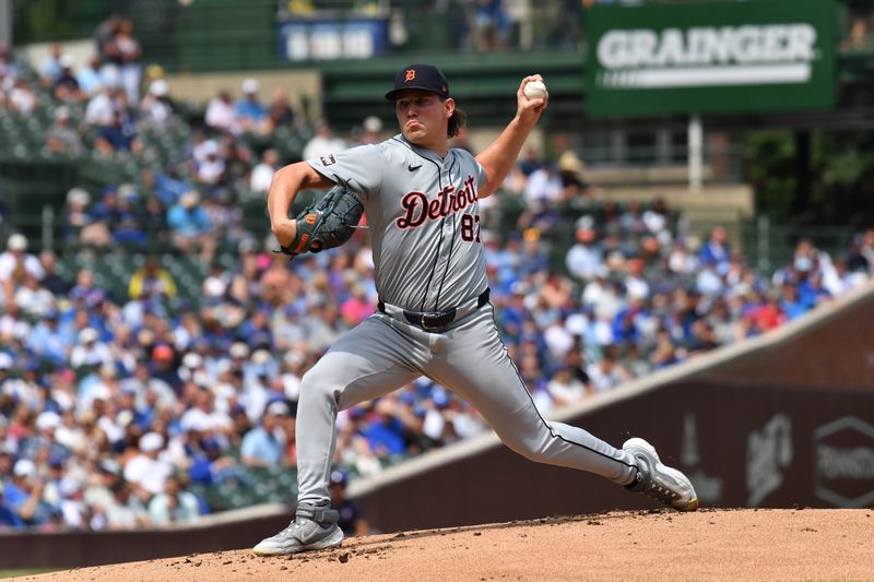 Aug 22, 2024; Chicago, Illinois, USA; Detroit Tigers starting pitcher Tyler Holton (87) pitches during the first inning against the Chicago Cubs at Wrigley Field. Mandatory Credit: Patrick Gorski-USA TODAY Sports