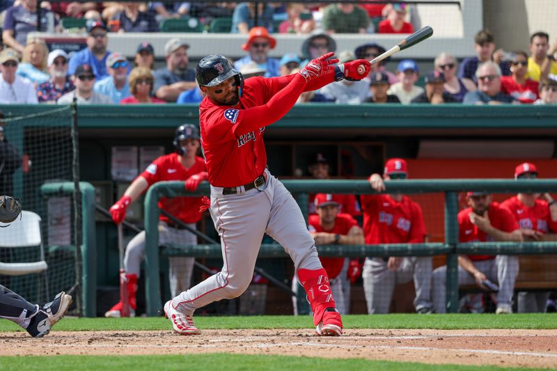 Feb 27, 2025; Lakeland, Florida, USA; Boston Red Sox catcher Carlos Narvaez (75) bats during the fourth inning against the Detroit Tigers at Publix Field at Joker Marchant Stadium. Mandatory Credit: Mike Watters-Imagn Images