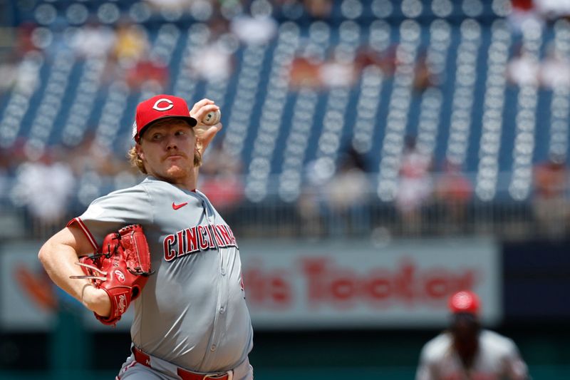 Jul 21, 2024; Washington, District of Columbia, USA; Cincinnati Reds starting pitcher Andrew Abbott (41) pitches against the Washington Nationals during the second inning at Nationals Park. Mandatory Credit: Geoff Burke-USA TODAY Sports