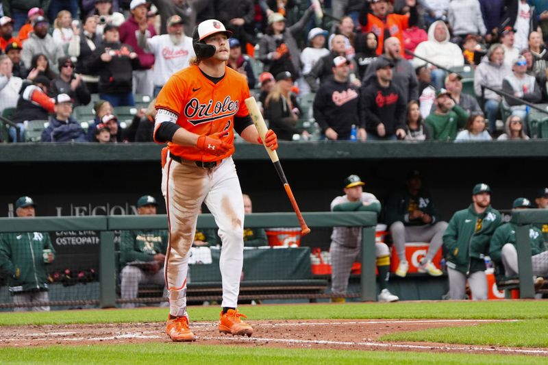 Apr 27, 2024; Baltimore, Maryland, USA; Baltimore Orioles shortstop Gunnar Henderson (2) watches his two run home run against the Oakland Athletics during the seventh inning at Oriole Park at Camden Yards. Mandatory Credit: Gregory Fisher-USA TODAY Sports