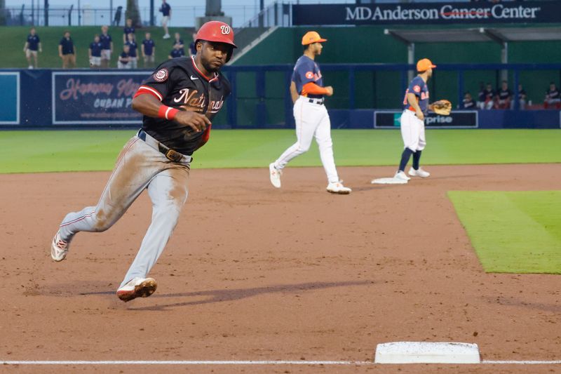 Mar 18, 2024; West Palm Beach, Florida, USA;  Washington Nationals center fielder Victor Robles (16) runs to third base during the fifth inning against the Houston Astros at The Ballpark of the Palm Beaches. Mandatory Credit: Reinhold Matay-USA TODAY Sports