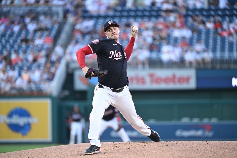 Aug 27, 2024; Washington, District of Columbia, USA; Washington Nationals starting pitcher Patrick Corbin (46) throws a pitch against the New York Yankees during the first inning at Nationals Park. Mandatory Credit: Rafael Suanes-USA TODAY Sports