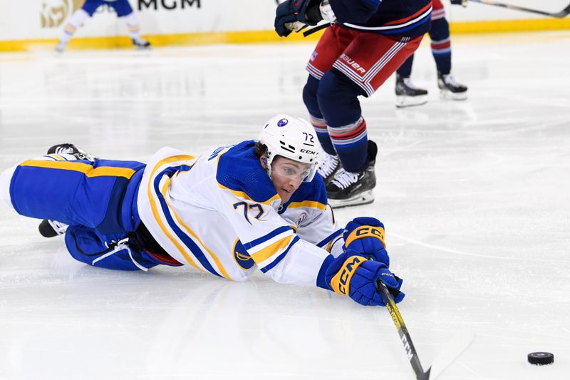 Dec 23, 2023; New York, New York, USA; Buffalo Sabres right wing Tage Thompson (72) dives for a loose puck against the New York Rangers during the second period at Madison Square Garden. Mandatory Credit: Dennis Schneidler-USA TODAY Sports