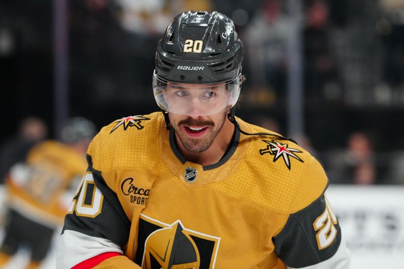 Feb 20, 2024; Las Vegas, Nevada, USA; Vegas Golden Knights center Chandler Stephenson (20) warms up before a game against the Nashville Predators at T-Mobile Arena. Mandatory Credit: Stephen R. Sylvanie-USA TODAY Sports