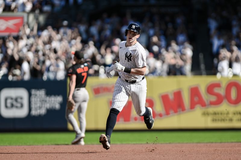 Sep 28, 2025; Bronx, New York, USA; New York Yankees first baseman Ben Rice (22) runs the bases after hitting a solo home run against the Baltimore Orioles during the first inning at Yankee Stadium. Mandatory Credit: John Jones-Imagn Images