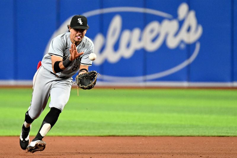  May 7, 2024; St. Petersburg, Florida, USA; Chicago White Sox second baseman Nicky Lopez (8) fields a ground ball during the eighth inning against the Tampa Bay Rays  at Tropicana Field. Mandatory Credit: Jonathan Dyer-USA TODAY Sports