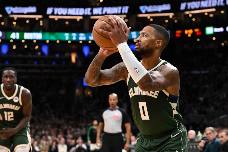 BOSTON, MASSACHUSETTS - OCTOBER 28: Damian Lillard #0 of the Milwaukee Bucks attempts a three-point basket against the Boston Celtics during the first half at the TD Garden on October 28, 2024 in Boston, Massachusetts. NOTE TO USER: User expressly acknowledges and agrees that, by downloading and or using this photograph, User is consenting to the terms and conditions of the Getty Images License Agreement. (Photo by Brian Fluharty/Getty Images)