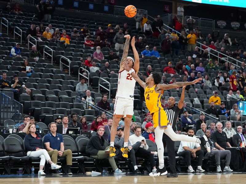 Mar 9, 2023; Las Vegas, NV, USA; USC Trojans guard Tre White (22) shoots over Arizona State Sun Devils guard Desmond Cambridge Jr. (4) during the second half at T-Mobile Arena. Mandatory Credit: Stephen R. Sylvanie-USA TODAY Sports