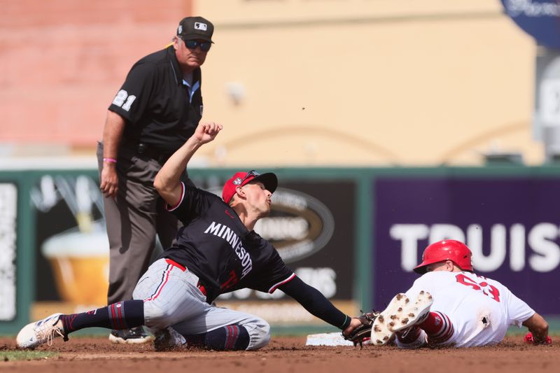 Mar 5, 2024; Jupiter, Florida, USA; St. Louis Cardinals left fielder Michael Siani (63) steals second base against Minnesota Twins shortstop Brooks Lee (72) during the third inning at Roger Dean Chevrolet Stadium. Mandatory Credit: Sam Navarro-USA TODAY Sports