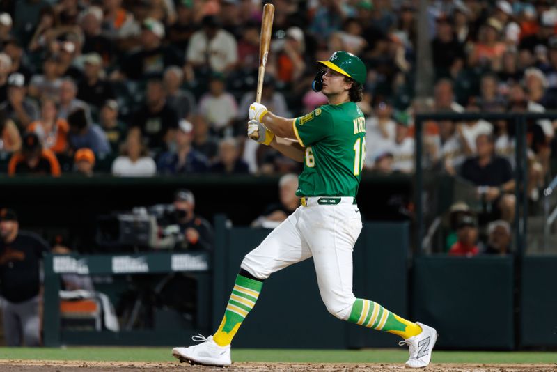 Jul 6, 2025; West Sacramento, California, USA; Athletics first baseman Nick Kurtz (16) bats during the game against the San Francisco Giants at Sutter Health Park. Mandatory Credit: Sergio Estrada-Imagn Images