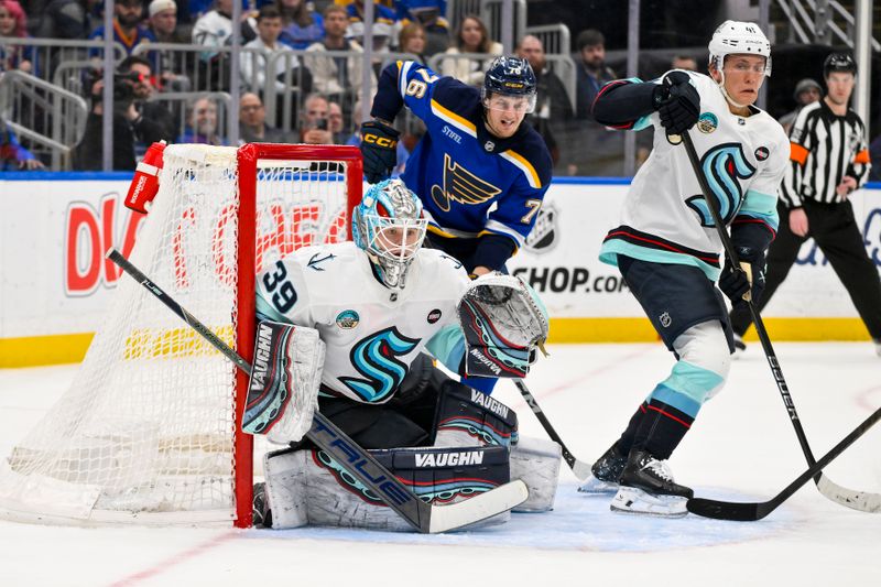 Feb 25, 2025; St. Louis, Missouri, USA;  Seattle Kraken goaltender Nikke Kokko (39) defends the net against the St. Louis Blues during the second period at Enterprise Center. Mandatory Credit: Jeff Curry-Imagn Images